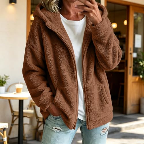 Sherpa Fleece Jacket Women Casual Warm Cozy Full Zip Hooded Coats Coffee - image 2