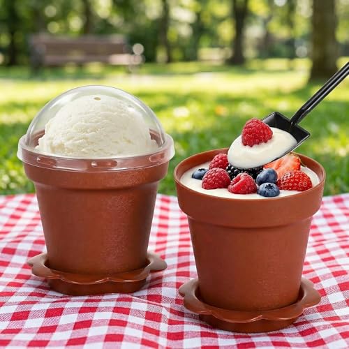 Image of DOITOOL 20 Pack Flower Pot Dessert Cup with Lid and Shovel Spoon, 6.7 oz Plastic Cake Cups Small Flower Pots Chocolate Pudding Cups Yogurt Containers Holder for Ice Cream, Dirt Cake, Mousse DIY