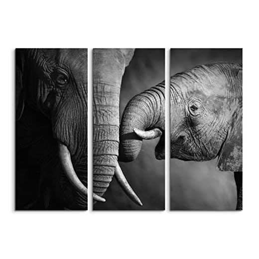 3 x 40 x 90 cm (totalt:130 x 90 cm) 3-delad bild på duk elefanter mamma baby nära bild väggbild på duk som panorama