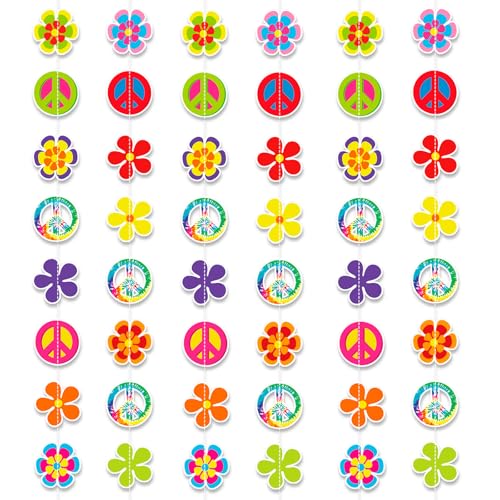 HOWAF 6 Guirnalda de Hippie Accesorios Hippie Decoracion, Guirnalda de Flores Retro Recortes de Signos de Paz para Decoracion Hippie de Años 60 70, Accesorios Fiesta Groovy de los Años 60 70