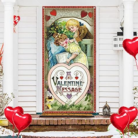 Valentine's Day Door Cover Decoration Vintage Happy Valentine's Day Backdrop Decoration Large A Valentine Message Banner Hanging Decoration for Front Door Valentine's Day Party Supply 70.9 x 35.4 Inch Cover