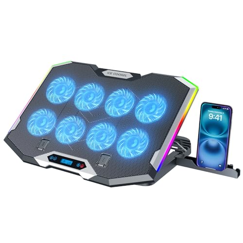 ICE COOREL Gaming Laptop Cooling Pad with 8 Cooling Fans, Laptop Fan Cooler Pad for 15-17.3 Inch, Notebook Cooler Stand with 6 Height Adjustable, RGB Cooling Pad with Two USB Port + Phone Stand