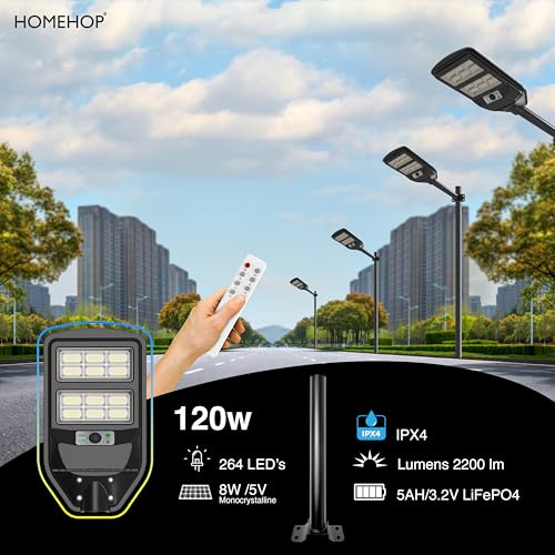 Image of Homehop Solar Street Light Outdoor Waterproof 120 Watt LED Wireless Motion Sensor Lamp with Pole for Home, Garden, Wall, Pathway, Dusk to Dawn (ABS- Cool Light)