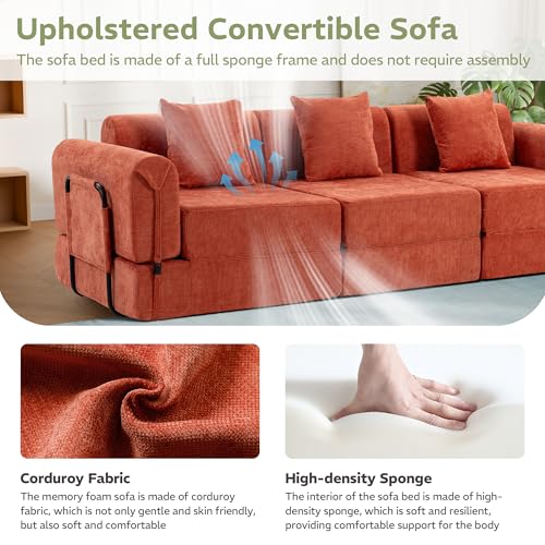 Image of 100 inch Convertible Sofa Bed, 5-in-1 Modular Sectional Cloud Couch with Fixed-Shape Frame & Storage Pocket, No Assembly Required Boneless Sleeper Sofa for Living Room, Chenille Orange
