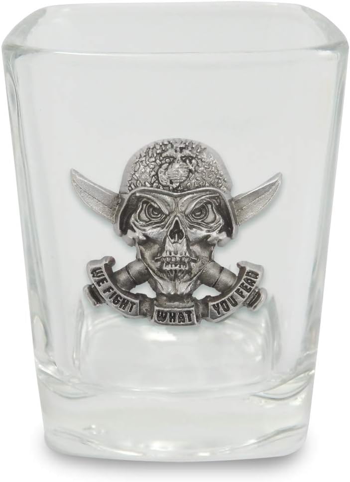 Indiana Metal Craft US MARINE CORPS Shot Glass with Pewter 3D Skull with Knives emblem MADE IN USA