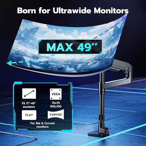 Image of ARES WING Single Monitor Arm Desk Mount for 17-49 Inch Ultrawide Monitors, Heavy Duty Single Monitor Arm Holds 44 lbs, Full Motion Gas Spring Vertical Desk Mount, 75 /100 VESA Mount, Black