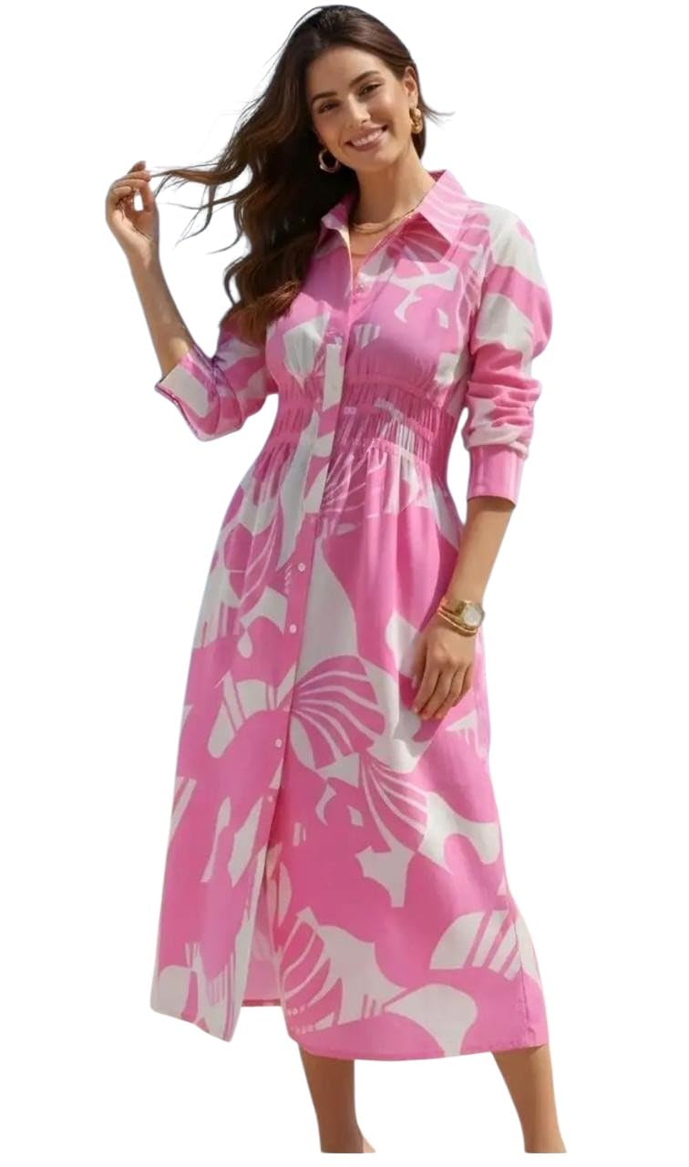 Trendy Relaxed Fit Abstract Print Classic Shirt Collar Cuffed Sleeves Dress-picture-11