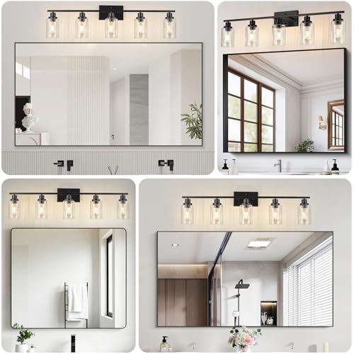 Image of Jonsi Black 5-Light Bathroom Vanity Light with Glass Shade, Modern Black Bathroom Lights Over Mirror, W 40.2 x H 10.7 inches
