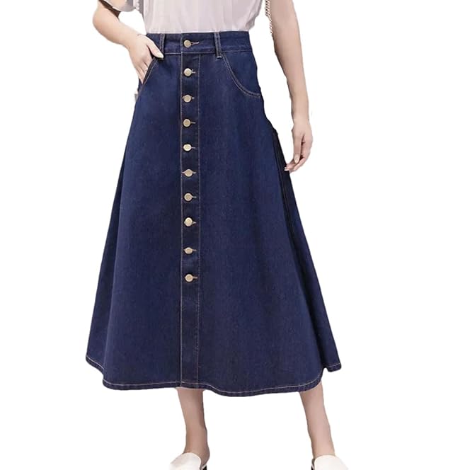 Women Plus Size High Waisted Denim A Line Midi Skirt Trendy Spring-Summer Slimming Skirts