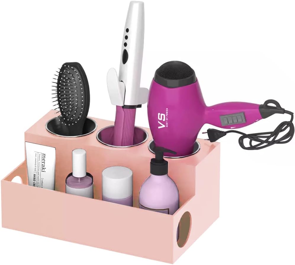 OnDisplay Fallon Deluxe Acrylic Hair Tool and Accessory Organization Station - Holds Hair Dryer, Curling Iron, Hair Straightener - Cosmetics/Makeup/Brushes/Pencils (Pink)