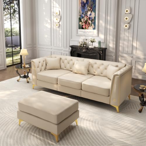 Image of KEIKI 82 inch Faux Leather Chesterfield Sofa with Handmade Button Tufted, Beige | Luxury Modern 3-Seater Couch with Metal Trim Armrests & High Resilience Cushion & 1 Ottoman & 3 Pillow, for Living Room