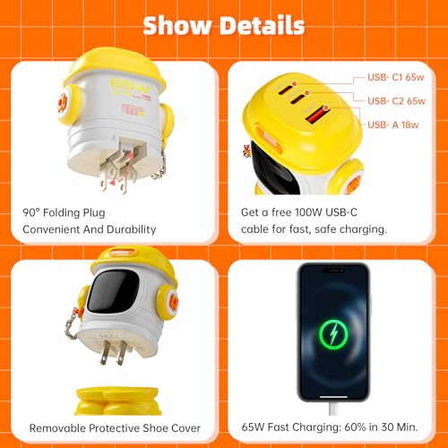 Image of Divoom Dipow 65W USB-C Charger 3-Port Fast GaN Charger with DIY Pixel Display Foldable Compact Wall Block Power Adapter for iPhone 17 /16 MacBook iPad Galaxy S23 /S24 Switch Yellow (with 100w Cable)