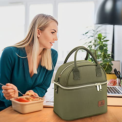Hafmall Insulated Lunch Bag For Women Men, 9L Dual Compartment Lunch Tote Bag With Shoulder Straps, Reusable Adult Lunch Box For Work/School/Picnic, Green #TOP4