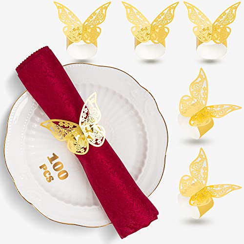 Lot de 100 ronds de serviette en papier d'aluminium découpés au laser en forme de papillon pour mariage, fête, décoration de table, restaurant (doré)