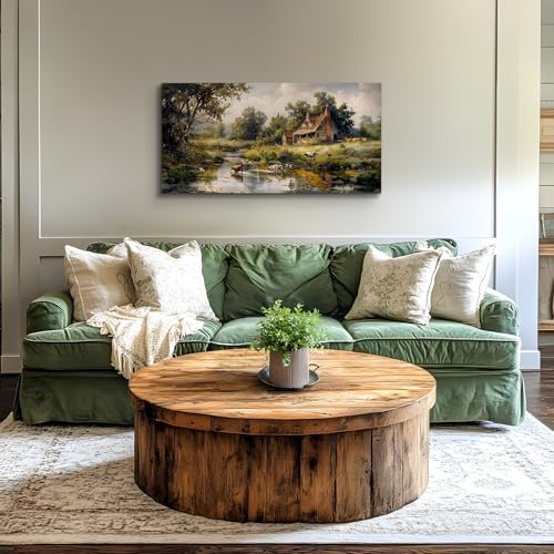 crmotu Large Canvas Wall Art, Farm Landscape Painting Art Prints, Forest Cottage Scenery Aesthetic Pictures, River Animal Cow Duck Modern Farmhouse Wall Decor Living Room Bedroom Kitchen 20"X40"