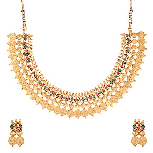 Image of ZENEME Jewellery Set Gold Plated Long Traditional Maharani Beads Studded Temple Coin Necklace Set with Earrings Jewellery For Women & Girls