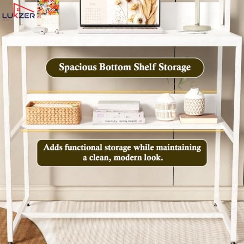 Image of Lukzer Study Table with Open Bookshelf | MST-010 /White & White | Engineered Wood with Metal Frame Desk | Modern & Space Saving Computer Workstation with Hutch for Home Office (143x83x50 cm)