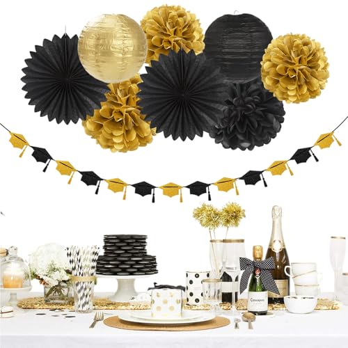 Image of Black Gold Graduation Party-Decorations Garland - 36pcs Congrats Grad Class 2026 Banner,Hat Hanging Streamers,College High School Congratulations Master Celebration Classroom Backdrop Decor Burgleda