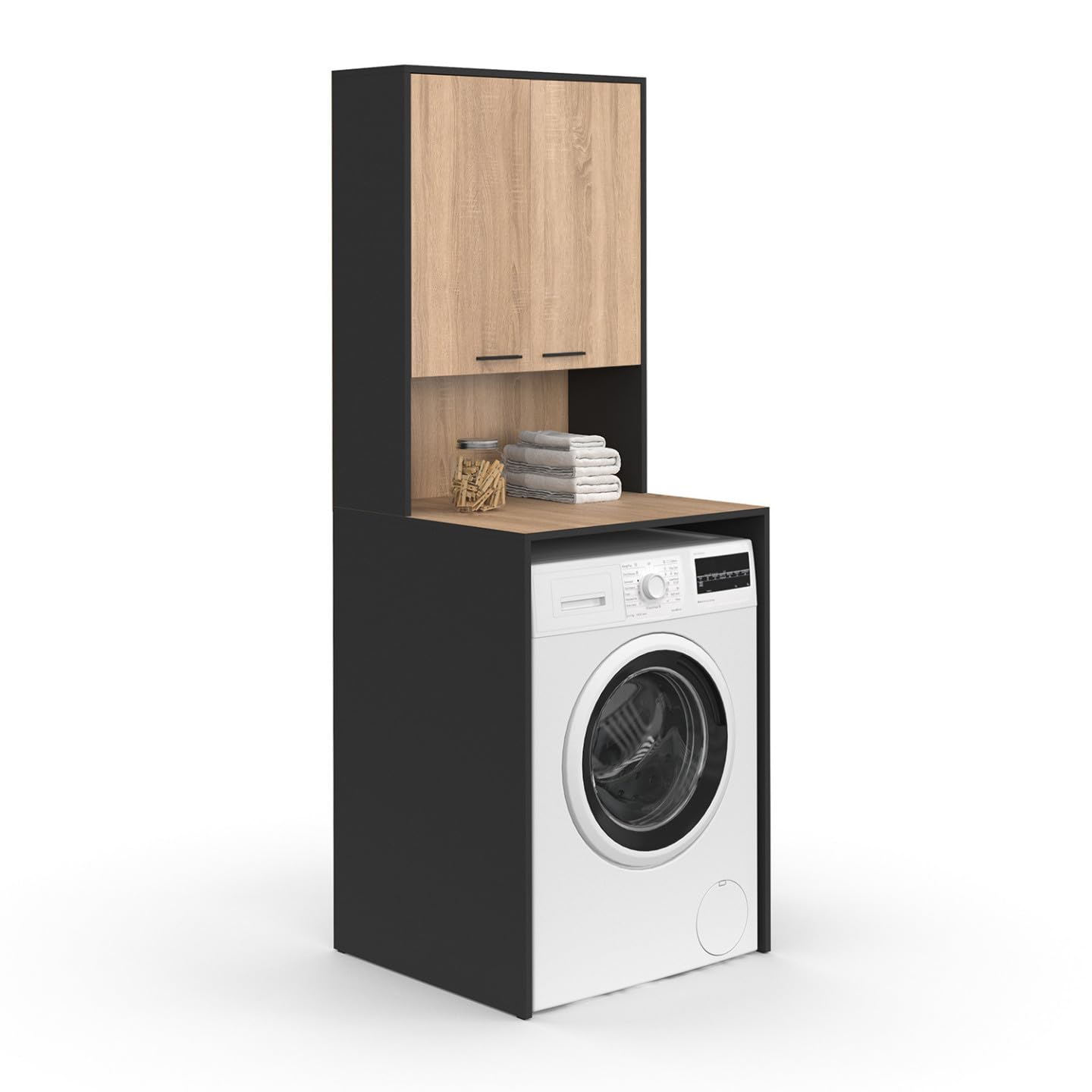 IDMarket - Meuble Dessus de Machine à Laver Wallis avec Placard Noir et Bois façon hêtre