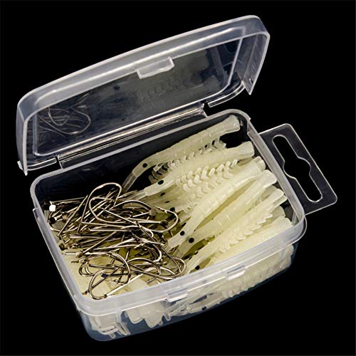 Leoie Angelköder-Set, Silberfarben, Fischhaken, Garnelenköder, weiche Insektenköder, Süßwasserangeln, Garnelenköder, Garnelenköder, Gelb, 50 Köder + 50 Haken Cover