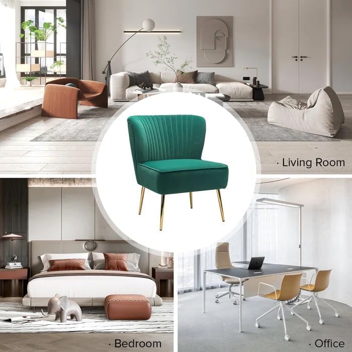Image of Modern Upholstered Accent Velvet Chair Single Seater Channel Tufted Wing Back Chair with Golden Matel Legs for Living Room, Bedroom, Dining Room, Green