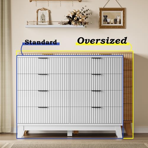 Image of BORNOON 53 inch Wide Dresser for Bedroom, 8-Drawer Fluted Chest of Drawers, Modern Wood Highboy with Metal Slides and Handles, Anti-Tip Kit, Vertical Clothes Storage Organizer for Apartment, Closet