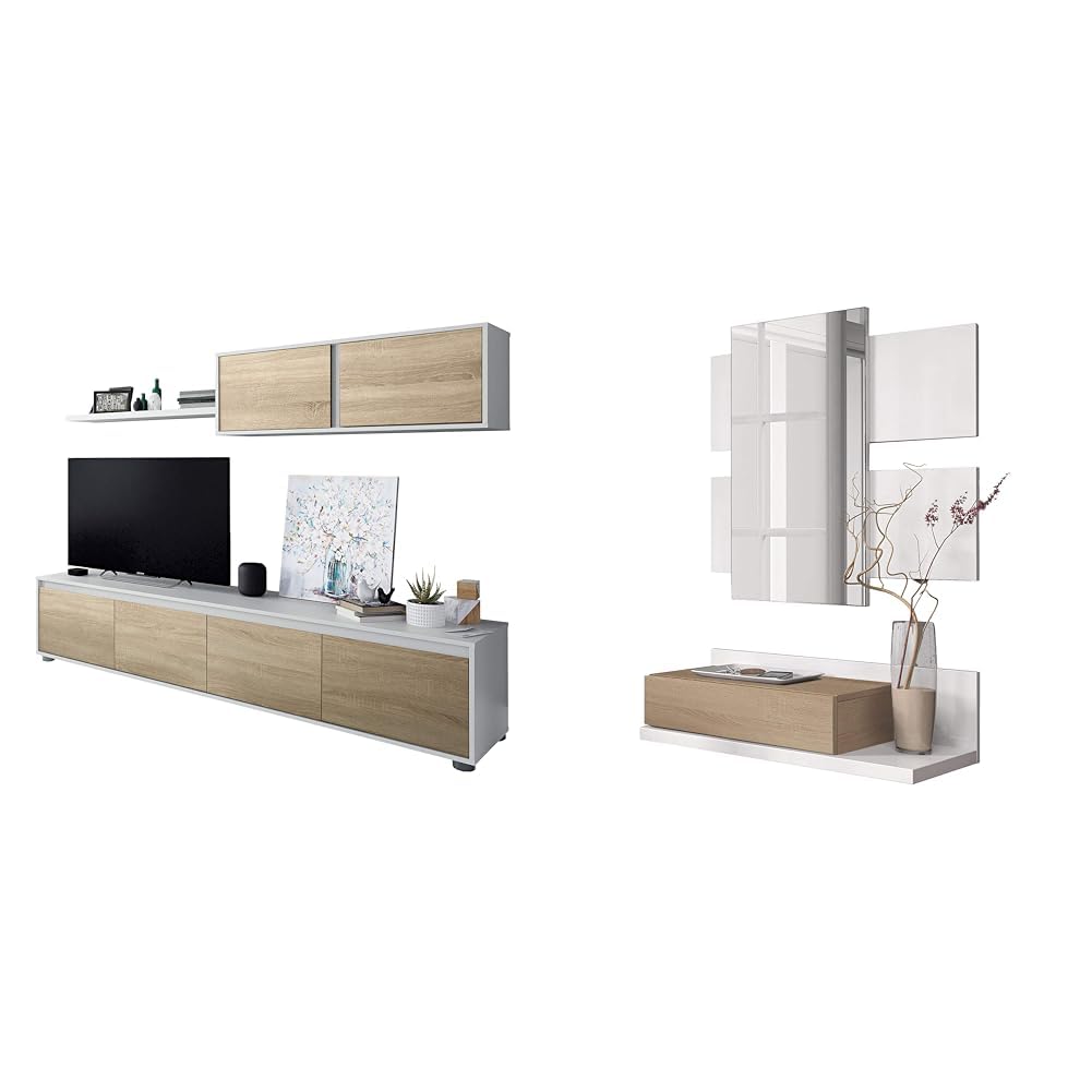 Habitdesign Mueble de Salon Moderno, Modulos de Comedor, Modelo Alida & Recibidor con cajón y Espejo, Mueble de Entrada, Modelo Tekkan, Acabado en Blanco Artik
