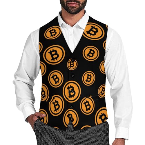 Bitcoin Logo Funny Men's Formal Suit Vest Casual Business Dress Waistcoat Printed Vest Slim Fit