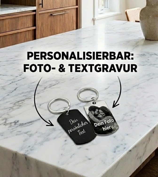 WORKIRAN Personalisierter Schlüsselanhänger mit Fotogravur und Liebestext, Schwarz-Weiß Dog Tag Anhänger, Individuelles Paar-Geschenk mit Beidseitigem Druck