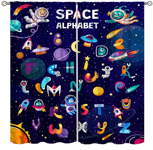 Cortinas decorativas con letras de astronauta ABC para niños, dibujos animados, universo espacial, alienígenas, educativo, escuela, aprendizaje, ortografía, alfabeto, cortinas de ventana impresas para