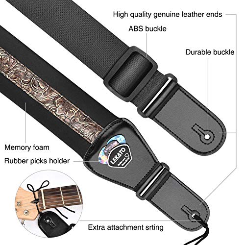 LEKATO Guitar Strap for Electric Guitars & Bass 3" Wide Padded Bass Guitar Straps Adjustable Strap Length from 45" to 55" Bass Guitar Strap with Pick Holder Strap Locks & Guitar Picks - Image 2