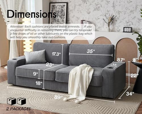 image for VanAcc Modern Sofa, 89in Couch- Comfy Sofa with Cup Holders & USB Char