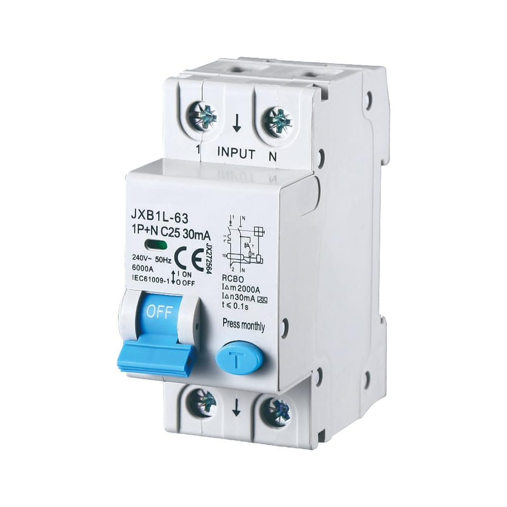 gloca Interruptor magnetotérmico diferencial 1P+N 25A 30mA 220V 6KA 2 módulos DIN C25 Clase A