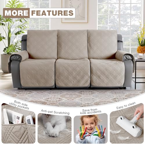 Image of TAOCOCO 100% Waterproof Recliner Sofa Cover, Non Slip Split Couch Covers for Reclining Couches with Elastic Straps(3 Seater, Cream)