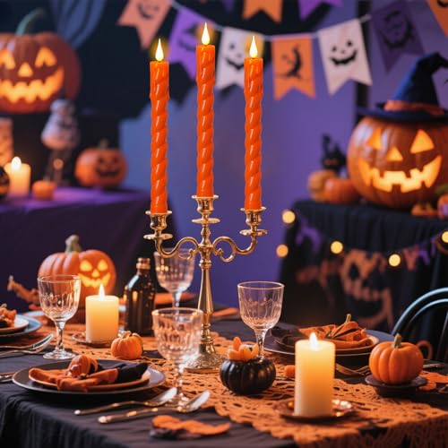 Image of Flickering Flameless Taper Candles with Remote and Timer, 2 Pack Battery Operated LED Taper Candles 3D Wick Plastic Dripping Effect Dinner Halloween Indoor Decor(Orange, 0.78 inch D x 9.65 inch H)