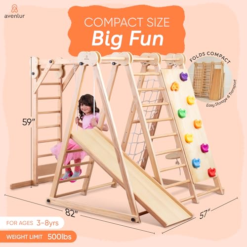 Image of Avenlur 8-in-1 Indoor Play Gym - Toddler Jungle Gym for Kids Ages 2-6 - Indoor Playground Wooden Climbing Playset with Slide, Monkey Bars, Ladder, Rope Ladder, Rock Climbing, Swing, Rings, Disc Swing