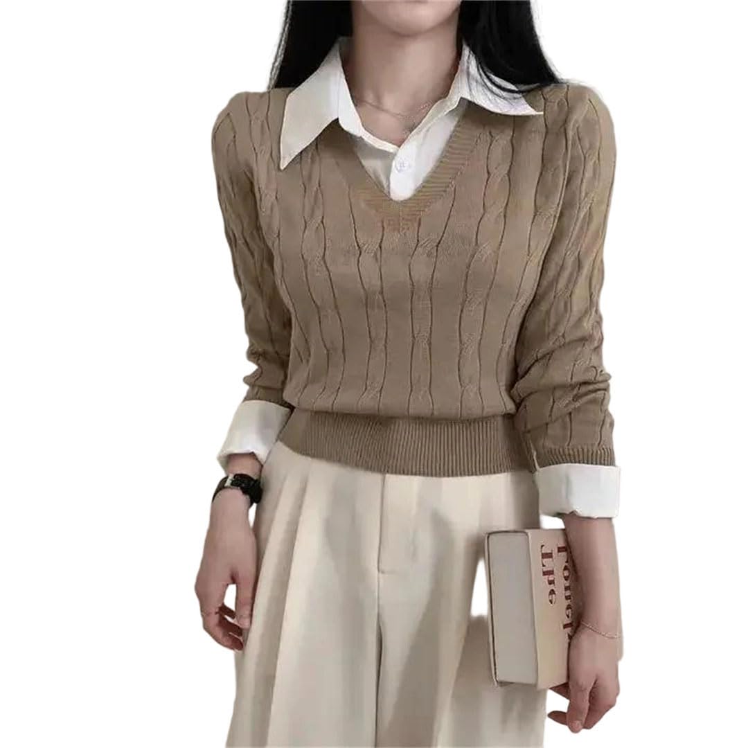 Womens Korean Sweaters Retro Preppy Fake Two Pieces Shirts Twist Knit Tops