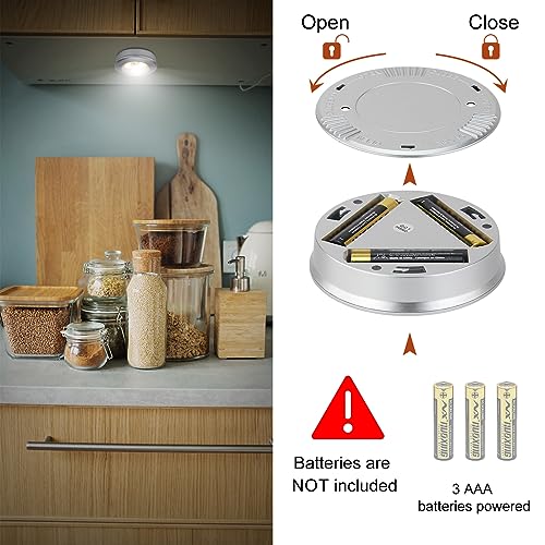 Image of LUXSWAY LED Puck Lights, Battery Operated Tap Lights, Mini Night Touch Light, Stick On Light, Under Cabinet and Counter Lighting for Kitchen Sink, Shelf, 6-Pack, Silver
