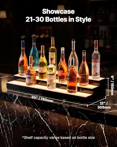 Image of VEVOR LED Lighted Liquor Bottle Display, 3 Tiers 30 inches, Acrylic Illuminated Home Bar Shelf Display with RF Remote & App Control, DIY Setup with Type-C Cables, 9 Static Colors, for 21-30 Bottles