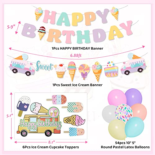75Pcs Ice Cream Birthday Party Decorations For Girls Kids, Pastel Ice Cream Balloon Garland Arch Kit Sweet Happy Birthday Banner Cupcake Toppers Party Supplies Foil Sprinkle Long Twist Balloons #TOP2