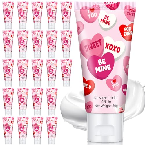 Image of 24 Pcs Travel Size Mini Sunscreen Bulk for Summer Vacation Spf 30 Water Resistant Sunscreen Lotion Sunblock for Thank You Gifts Hawaiian Wedding Pool Party Favor (Valentines)