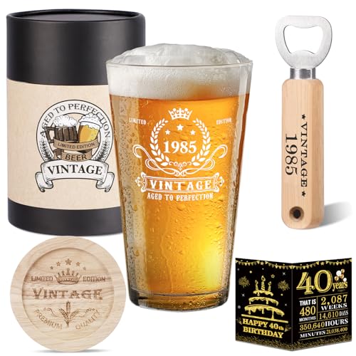 40 Cumpleaños, Regalo Hombre 40 Años Copa de Cerveza Retro 1985, Posavasos de Madera, Abridor de Botellas de Madera, Caja de Regalo de Cerveza Retro, Tarjeta de Cartel y Tarjeta de Felicitación Creati