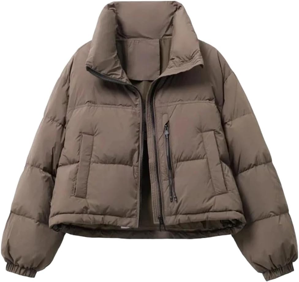 Women's Loose-Fitting Short Stand-Up Collar Thickened Warm Cotton Coat Coffee M