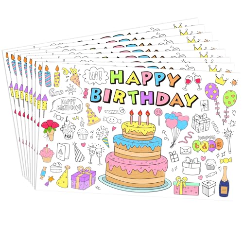 Jarthenaamcs J1922 24Pcs Happy Birthday Activity Paper Placemats Coloring Disposable Table Mats Cake Place Mats cover
