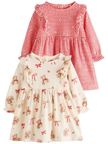 NEXT Baby Mädchen Jersey-Kleid, 2er-Pack Cream Bear/Red Cherry...