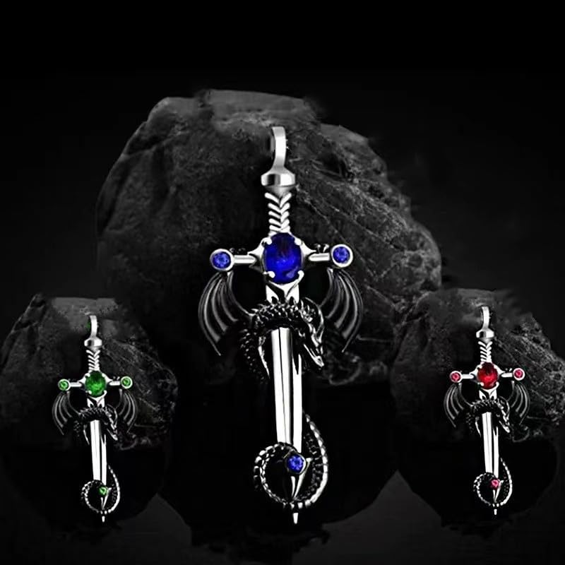 Gothic Sword Dragon Necklace for Men Women,Vintage Dragon Wrapped Sword Cross Pendant Necklace Punk Shiny Zircon Dragon Pendant Necklace Dark Gothic Jewelry4