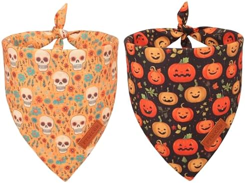 PTDECOR Halloween Dog Bandana, Skeleton Pumpkin Reversible Holiday Dog Scarf, Triangle Halloween Bandanas for Small Dogs Puppies Cats(Small)