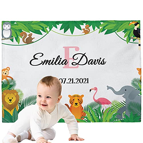TIROTECHS Personalized Baby Blankets with Names - Custom Kids Blanket for Newborns, Infants, Boys, Girls and Toddlers 30" x 40" - Jungle Themed Customized Baby Swaddle with Name and Date (Jungle 6)