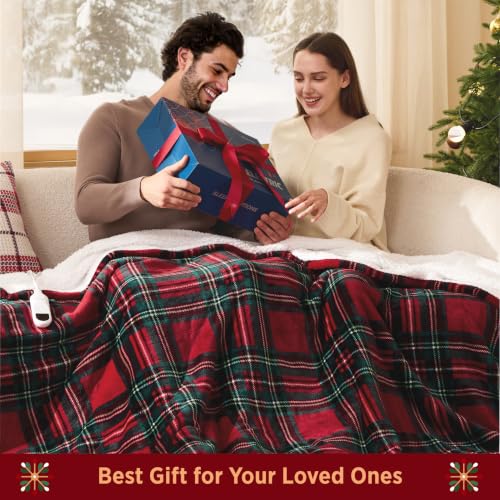 Image of Bedsure Red Plaid Electric Blanket Twin Size, Flannel Sherpa Heated Blanket