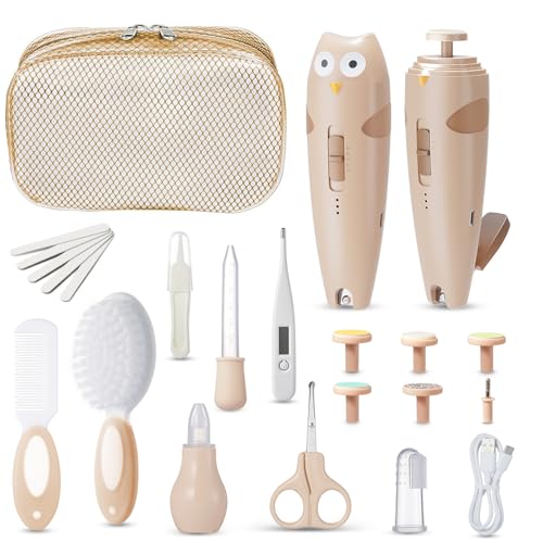 Lictin Set para Cuidado del Bebé 26 en 1 recargable cortaúñas eléctrico para bebé set, Lima de uñas para bebés con iluminación automática, Portátil Kit de Aseo para Bebés, ¡gran idea de regalo(Caqui)
